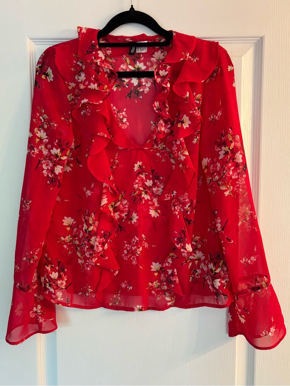 H&M Red Floral Ruffle Chiffon Blouse